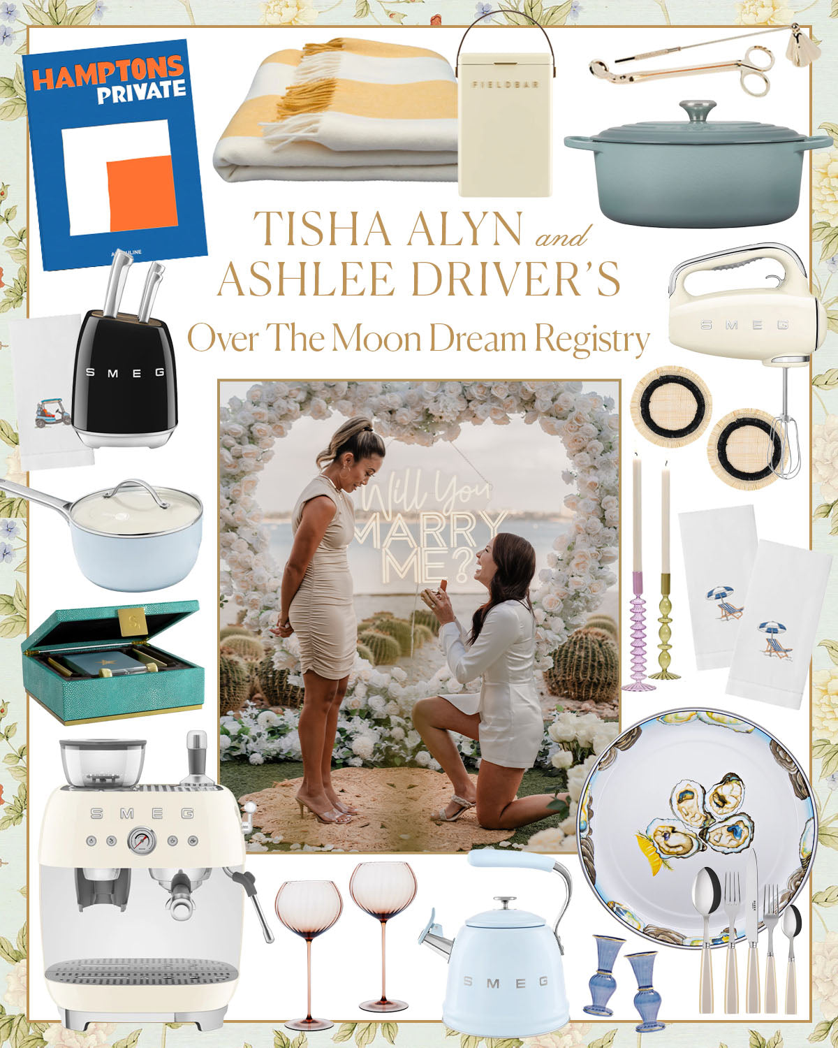Tisha Alyn and Ashlee Driver’s Over The Moon Dream Registry collage with a wedding proposal and curated home goods
