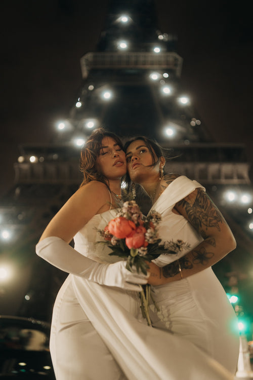 After Eloping in Nice, Both Brides Wore Ines Di Santo Dresses to Their Elegant Reception at Vizcaya Museum in Miami
