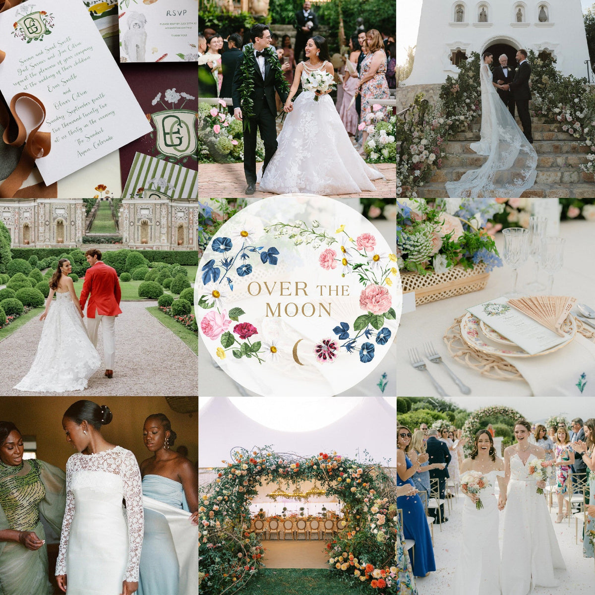 Wedding planning inspiration collage with couples, ceremonies, floral décor, invitations, and reception tables