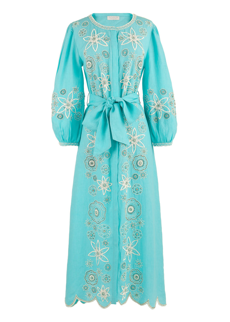 Beaded Paloma Midi Dress in Turquoise XL