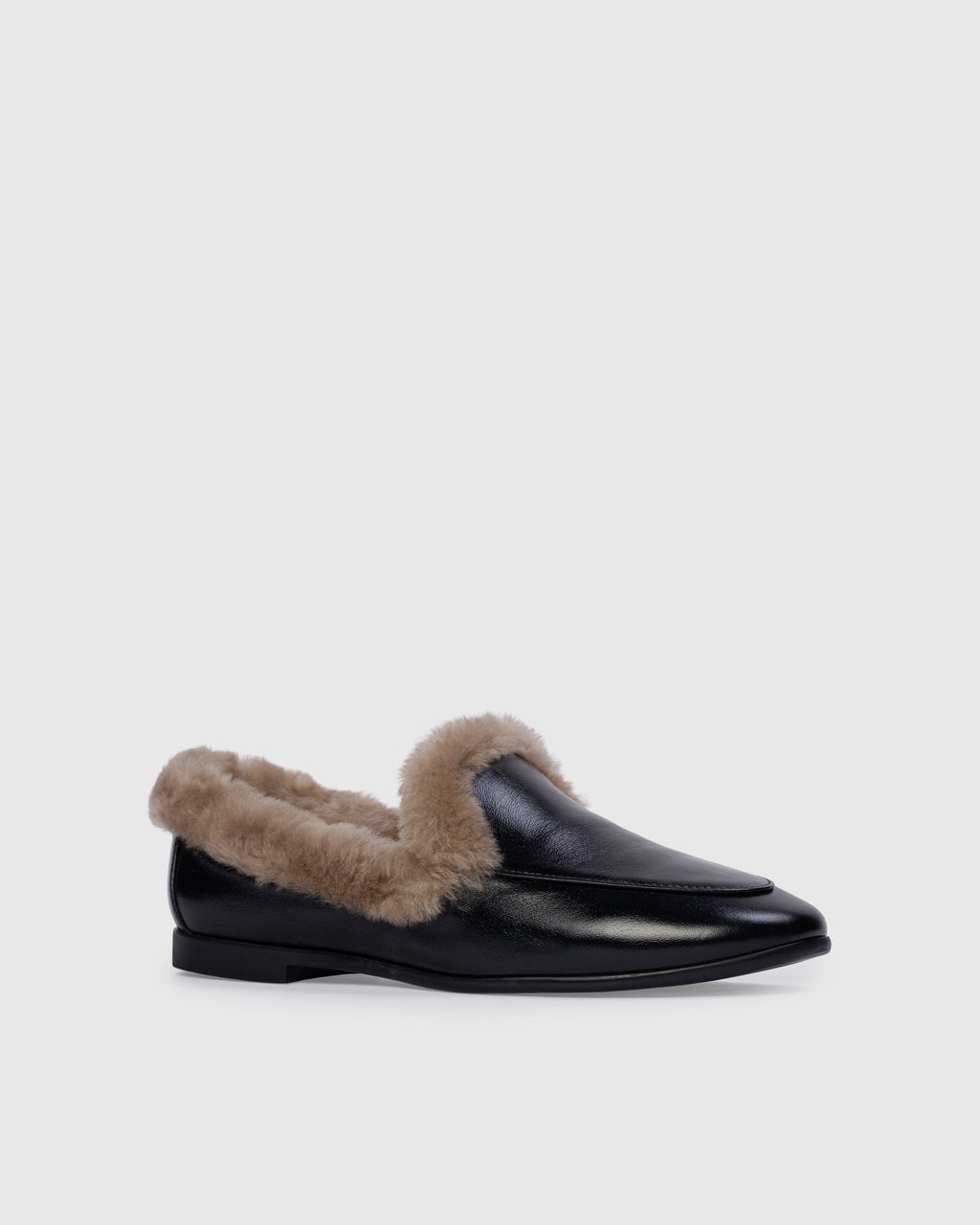Zora Loafer in Black Shiny Leather & Wool Shearling