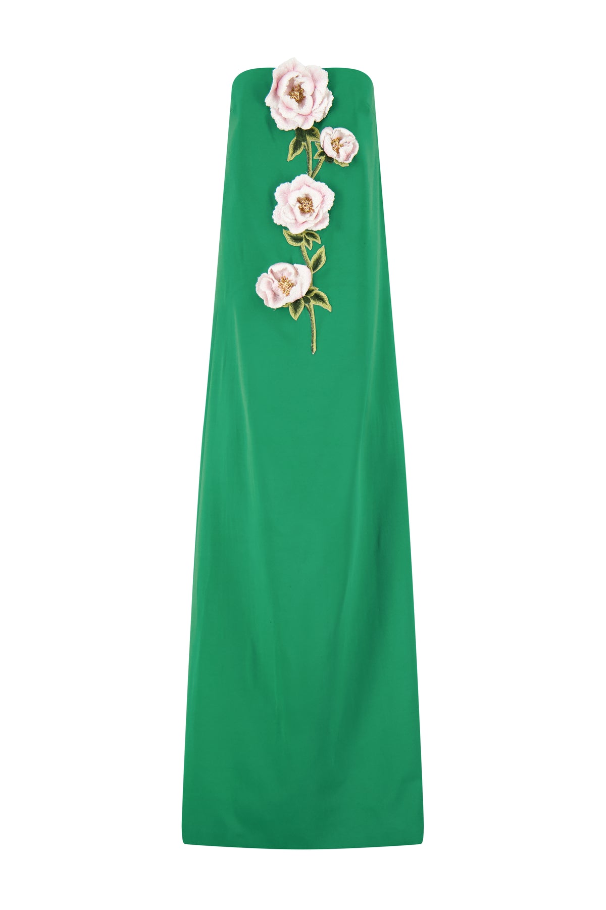 3D Peony Embroidered Faille Gown in Fern/Pink