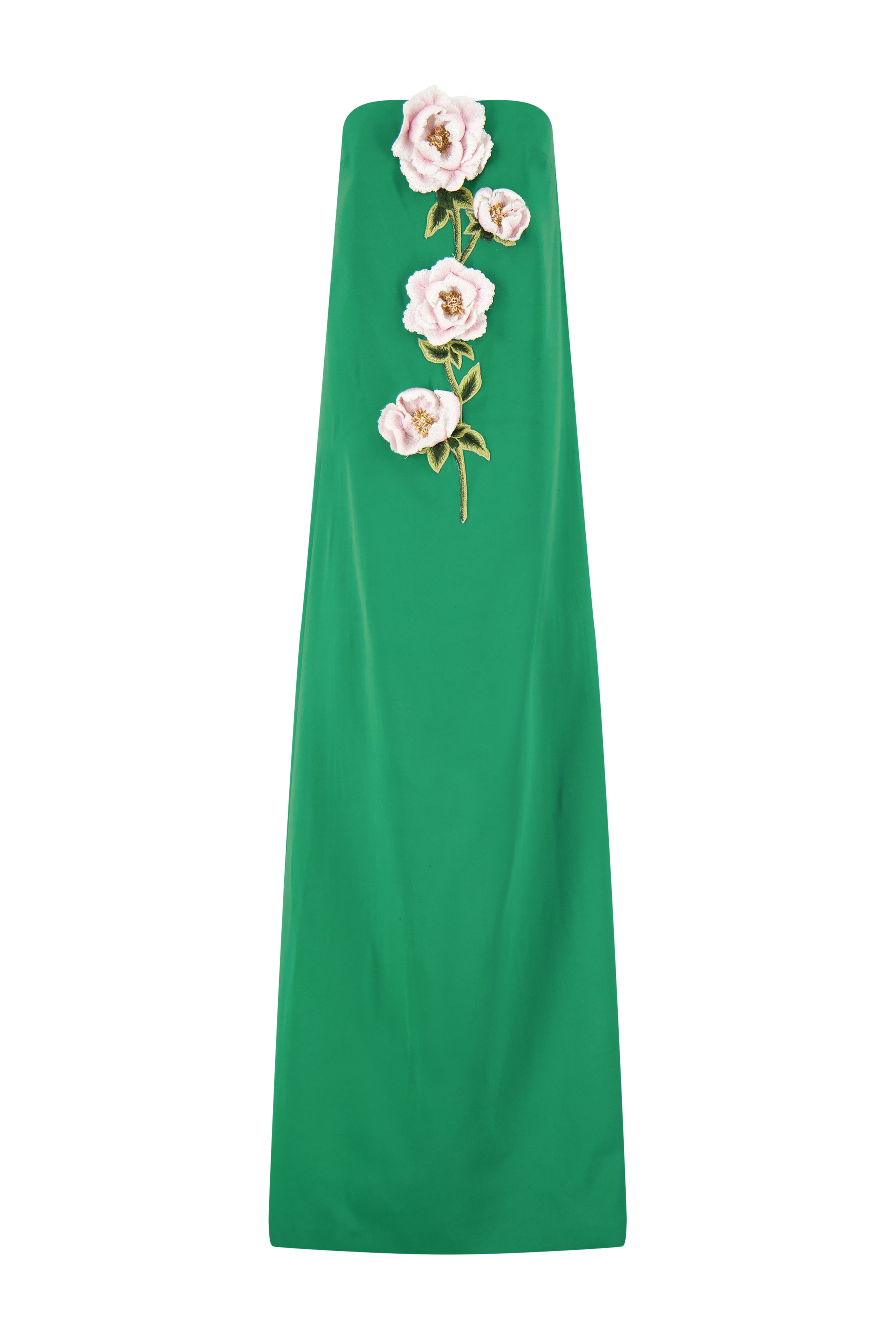 3D Peony Embroidered Faille Gown in Fern/Pink