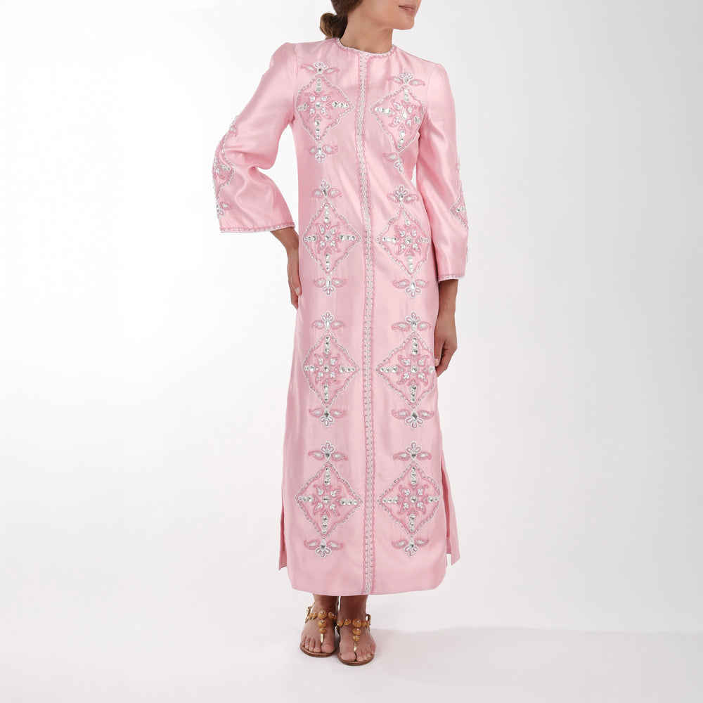 Beaded Clara Caftan in Pink Silk