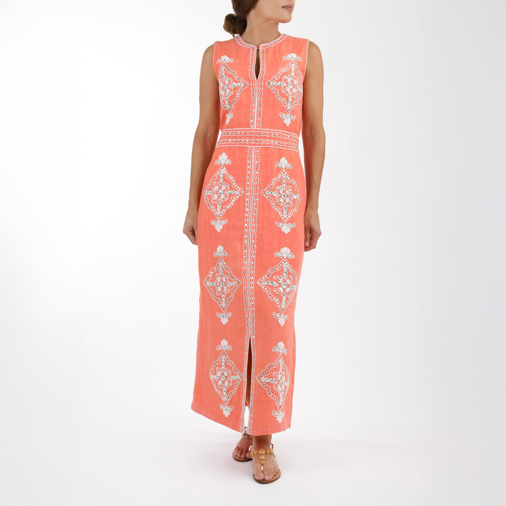 Beaded Clara Dress in Coral