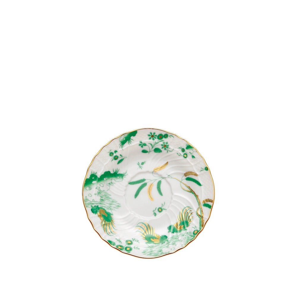Top view of Oro Di Doccia tea saucer with green and gold rooster and floral motif on white porcelain, scalloped gold rim