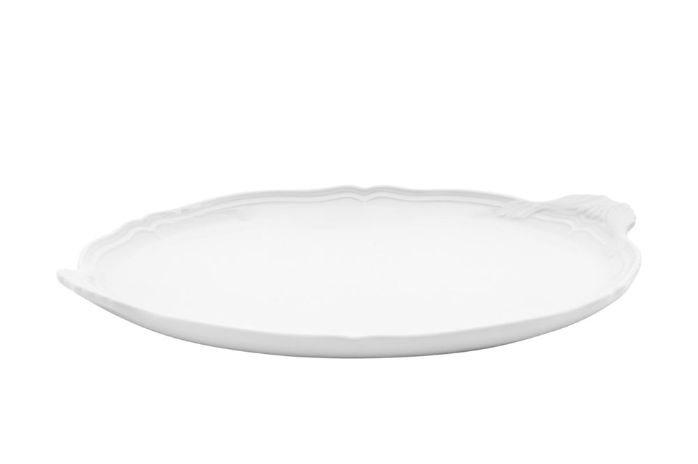 Low side view of Antico Doccia round cake plate showing scalloped rim in fine white porcelain on white background