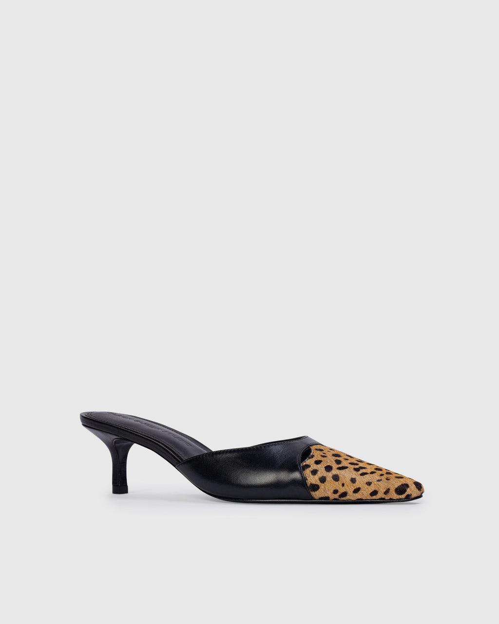 Rue 50 Mule in Black Leather / Camel Dotted Cheetah Pony Hair