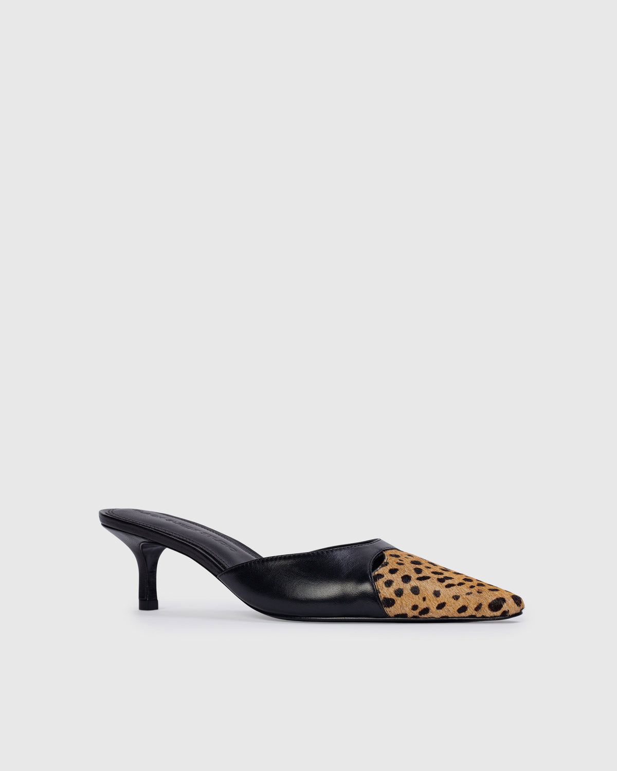 Rue 50 Mule in Black Leather / Camel Dotted Cheetah Pony Hair