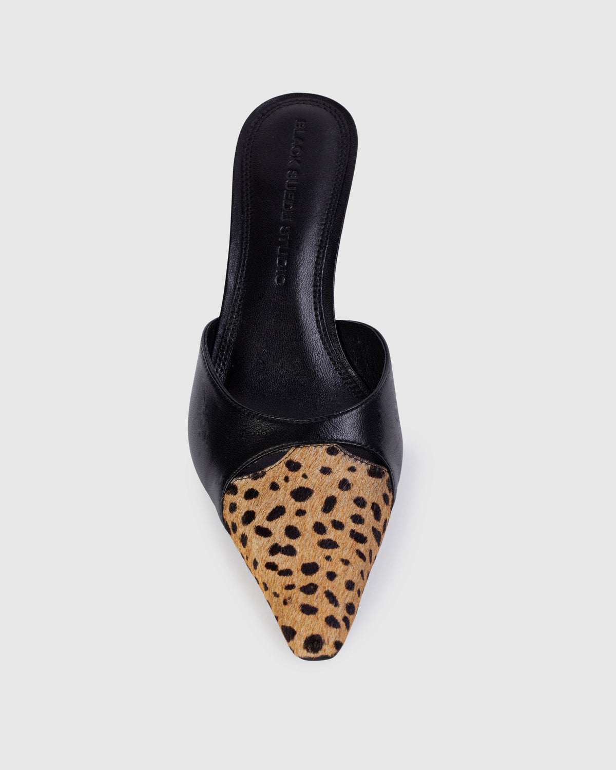 Rue 50 Mule in Black Leather / Camel Dotted Cheetah Pony Hair