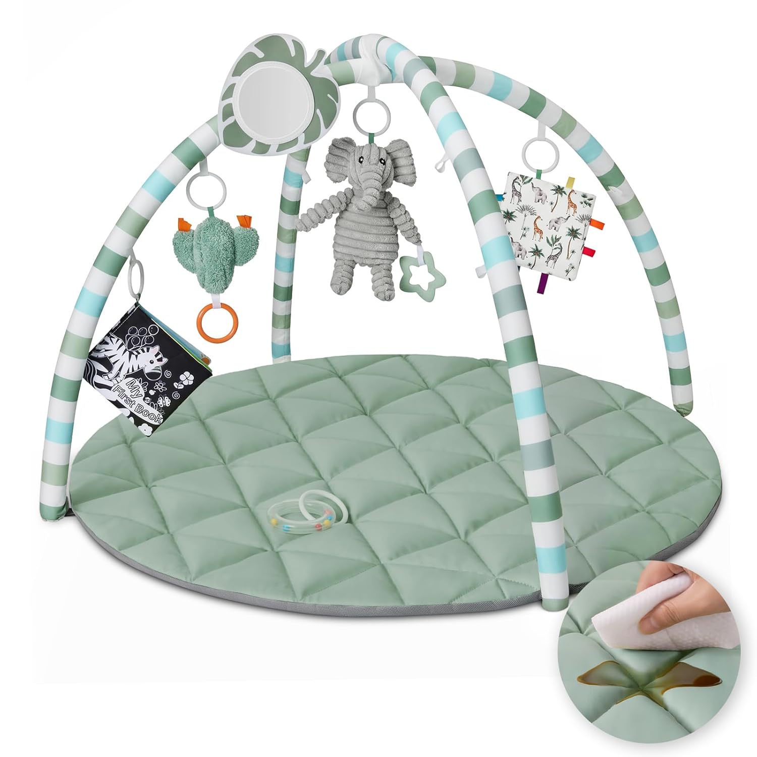 Blissful Diary Waterproof Baby Play Gym Mat, Wipe-Clean Vegan Leather Tummy Time Mat with 6 Detachable Toys