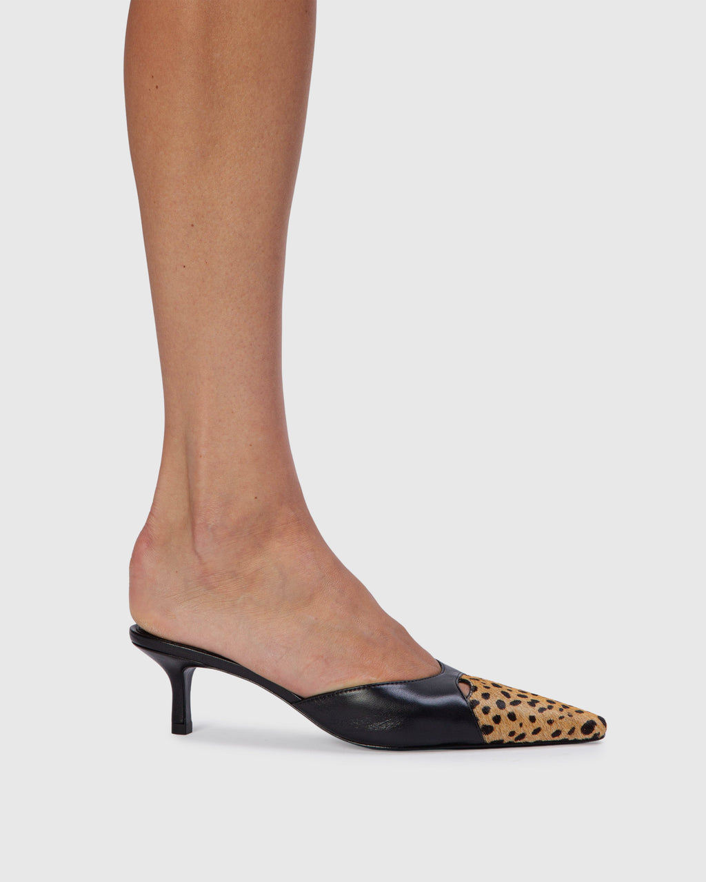 Rue 50 Mule in Black Leather / Camel Dotted Cheetah Pony Hair