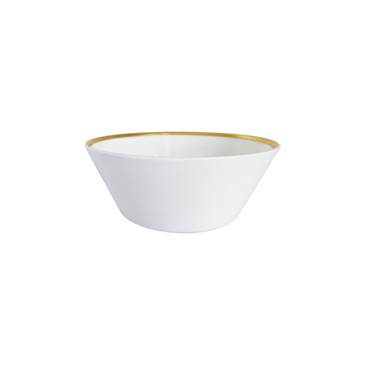 Front view of Golden Edge cereal and soup bowl showcasing white fine bone china with hand painted 24K gold rim on white background