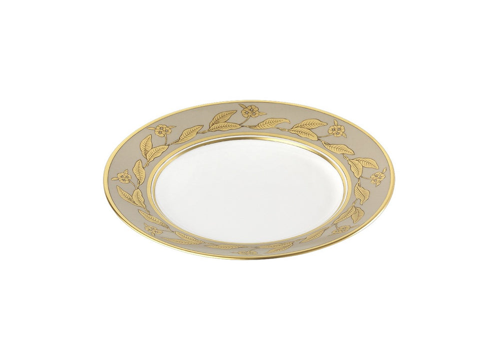 Top view of Voliere Tortora dessert plate showing gray rim with gold botanical border and gold trim on white background