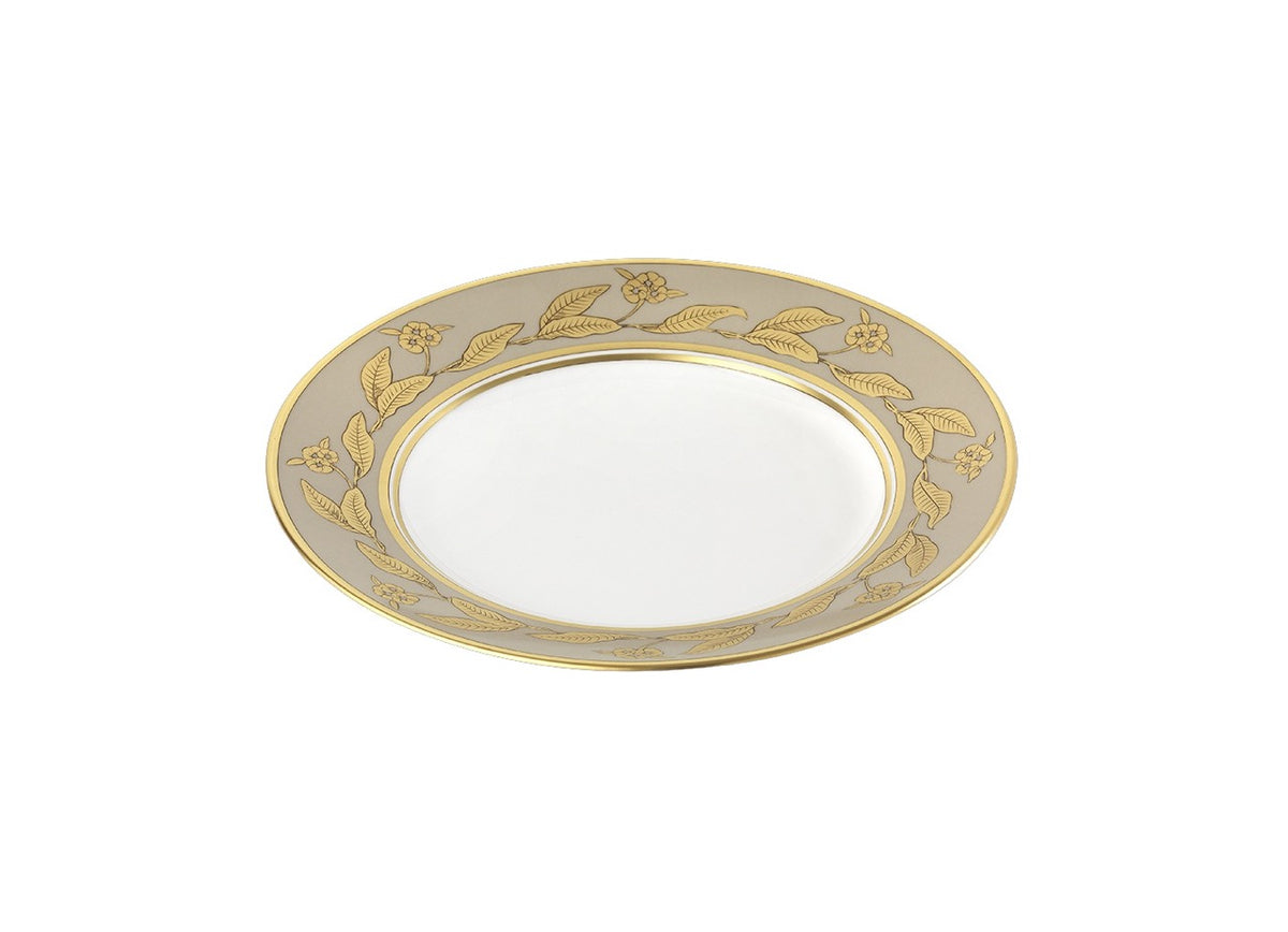 Top view of Voliere Tortora dessert plate showing gray rim with gold botanical border and gold trim on white background