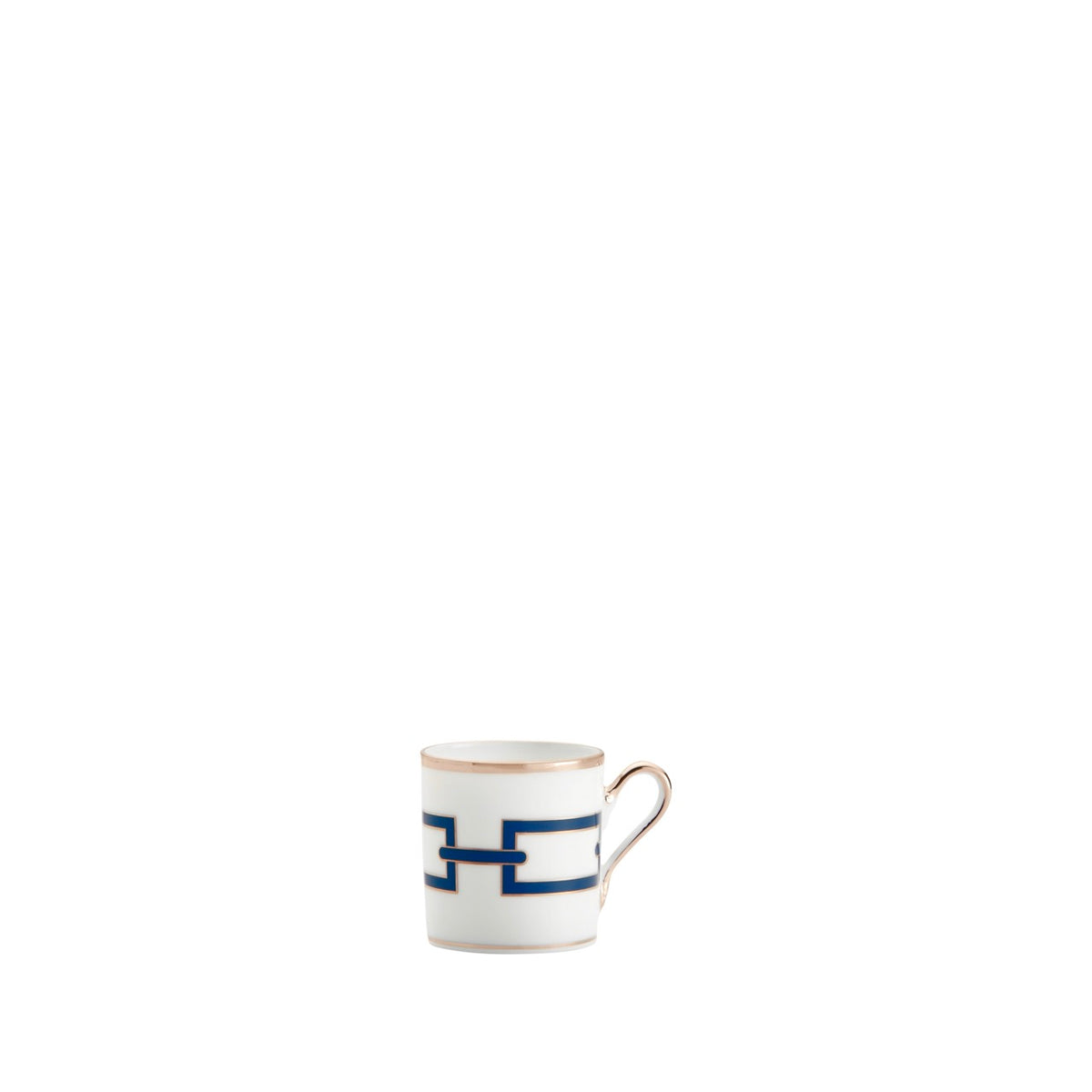 Angled front view of Catene coffee cup showcasing blue geometric chain motif and gold rim on white background
