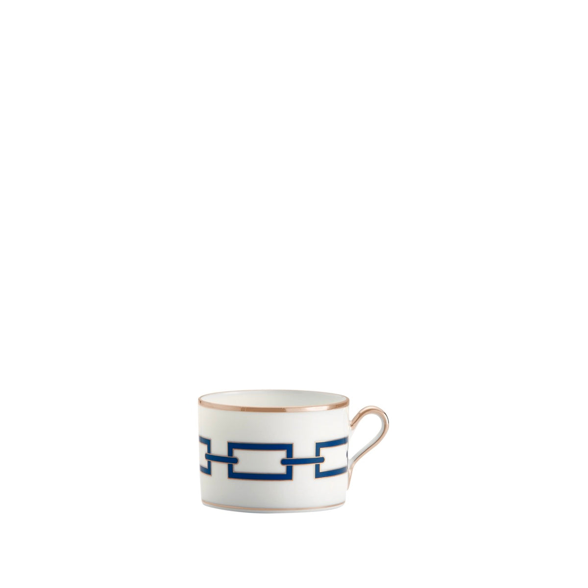 Side view of Catene tea cup showing blue chain-link motif and gold rim on fine white porcelain against white background