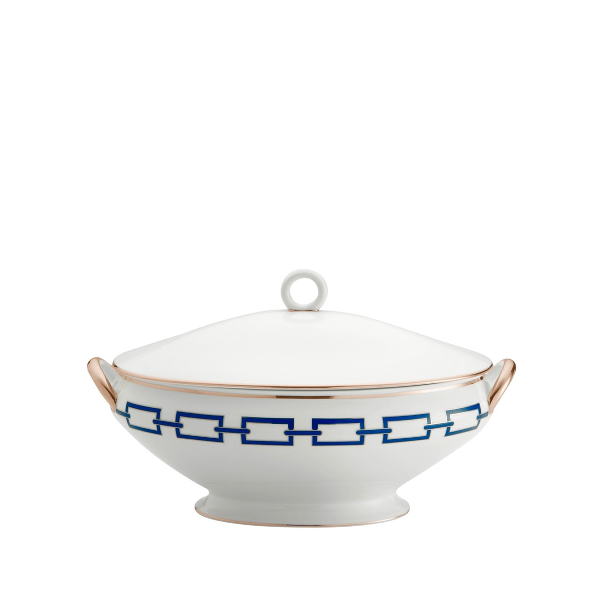 Front view of Catene round box with cover showing blue chain-link band and gold trim on white porcelain, white background