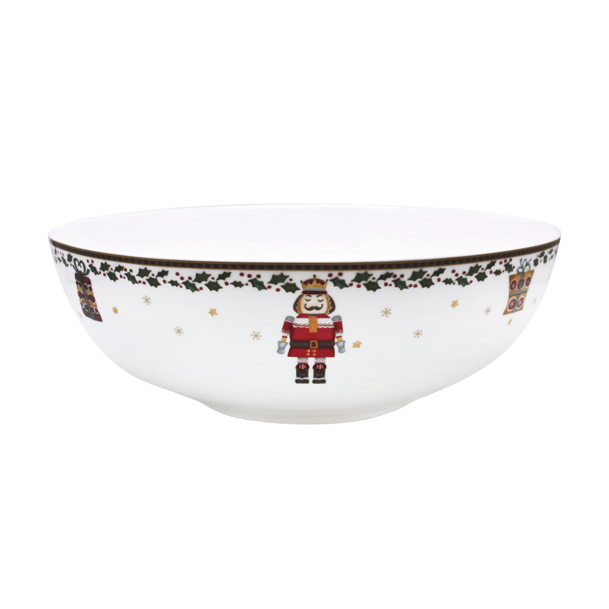 Front view of Nutcracker Serving Bowl showcasing hand-applied nutcracker decal and 24K gold rim with white background