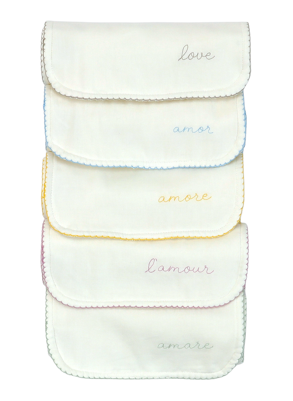 Stacked front view of Love Languages burp cloth set with scalloped edges and embroidered words love, amor, amore, l’amour, amare