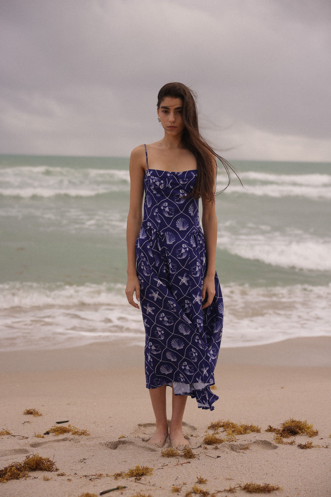 Woman in a blue patterned dress standing on a beach with ocean waves in the background