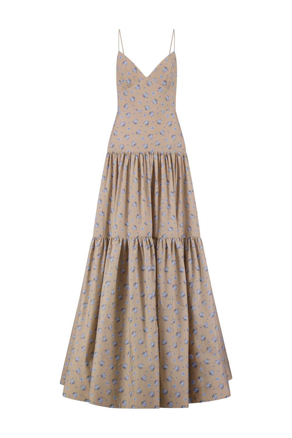 Floral Printed Cotton Tiered Gown in Sand/Oxford