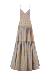 Floral Printed Cotton Tiered Gown in Sand/Oxford