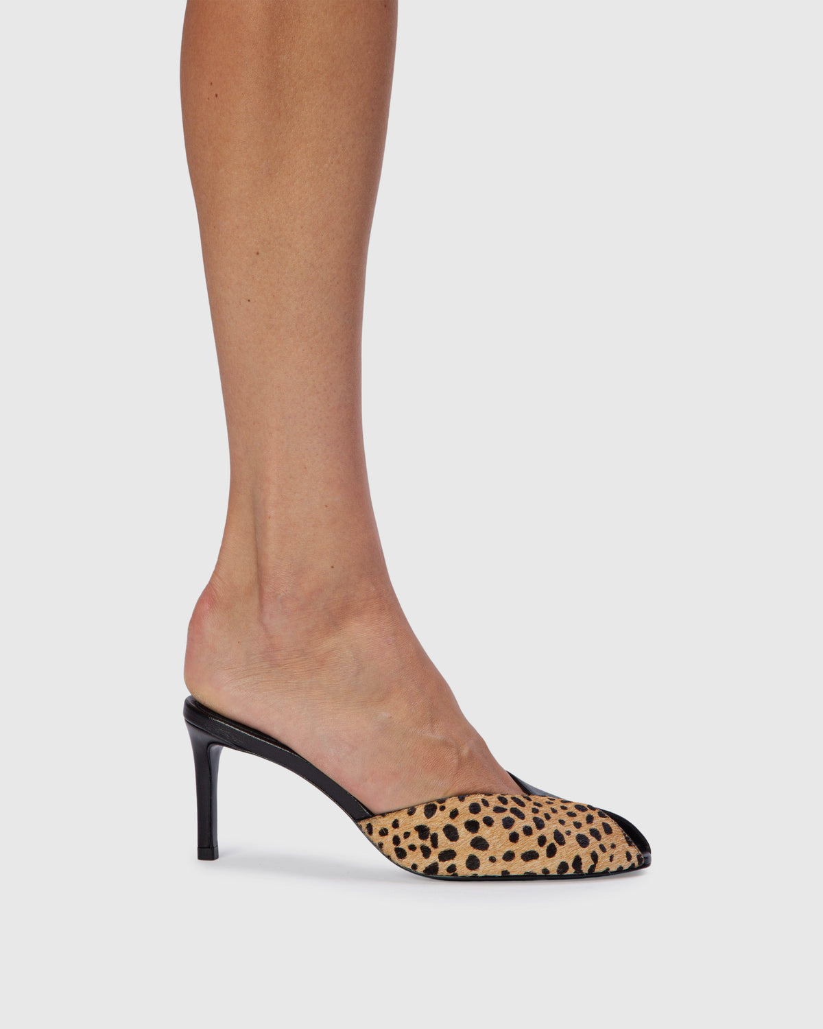 Noa 70 Mule in Camel Dotted Cheetah Pony Hair / Leather Mix