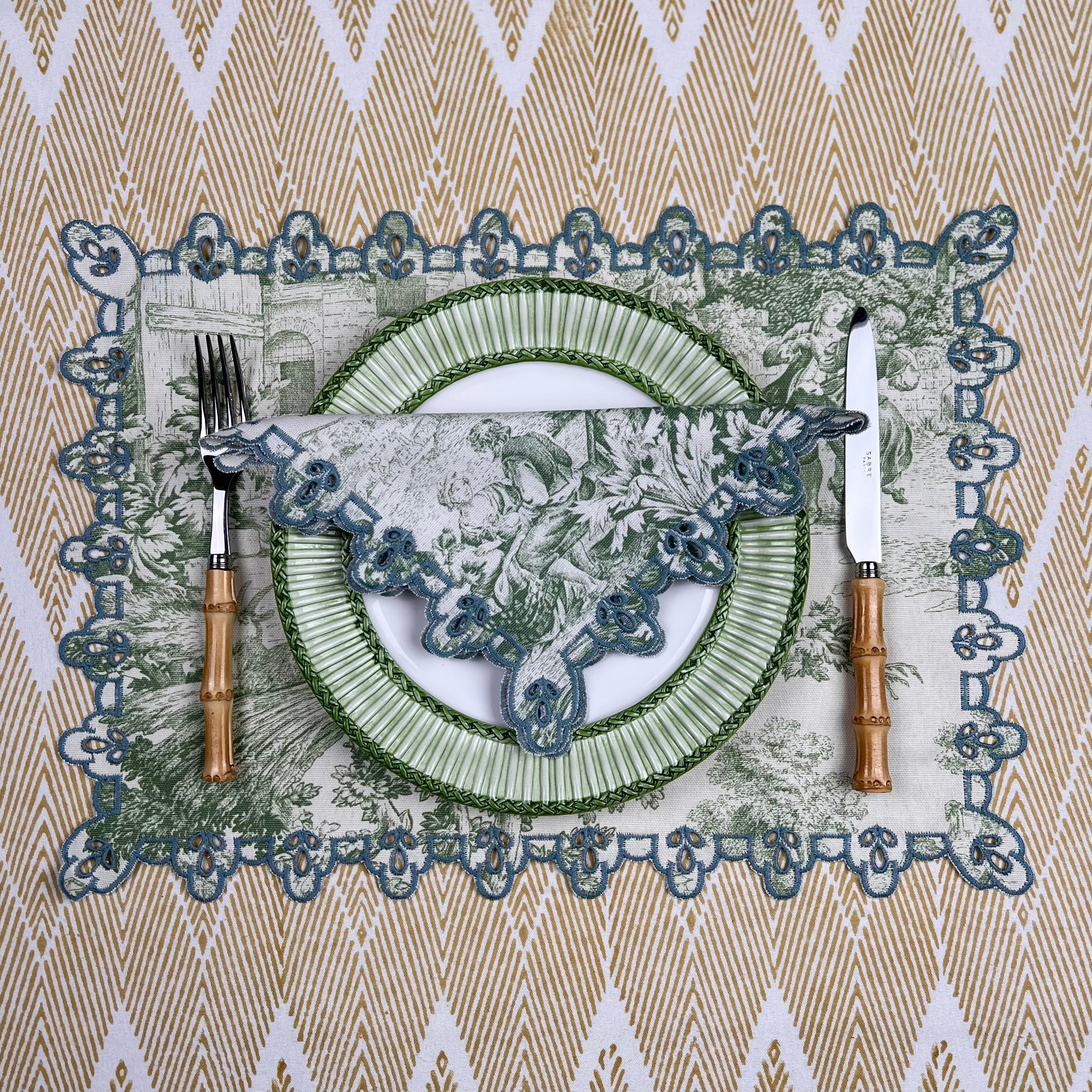 Amalfi Linen Napkin and Placemat Set in Green Toile with Teal Piping