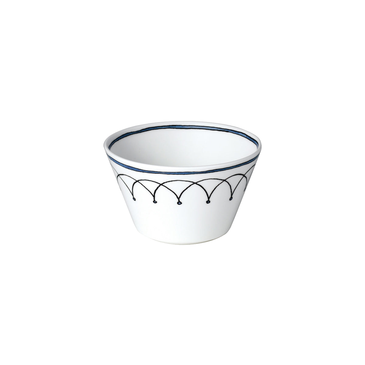 Front view of Blue Bird fruit bowl showing white fine bone china with blue double rim and scalloped arch pattern on white
