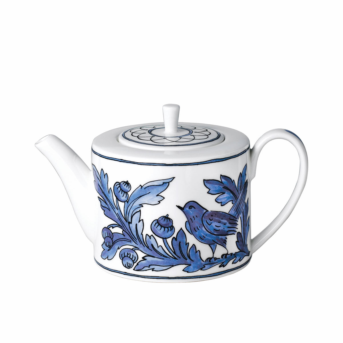 Front view of Blue Bird Teapot showcasing blue bird and botanical decals on white fine bone china with a white background
