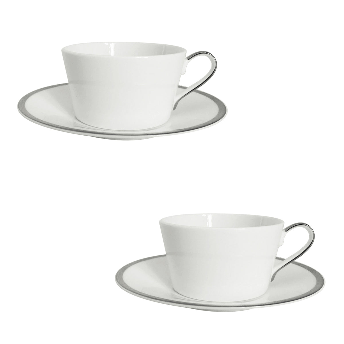 Front view of Platinum Edge Set of 2 Cup and Saucer showcasing hand-painted platinum rims on white background