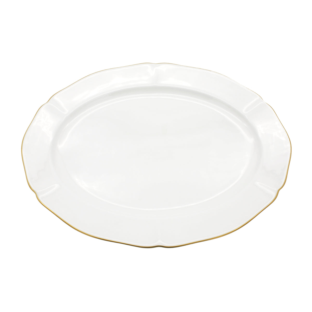 Top view of Amelie Brushed Gold 14 inch Oval Platter showcasing scalloped edges and hand-painted 24K gold rim