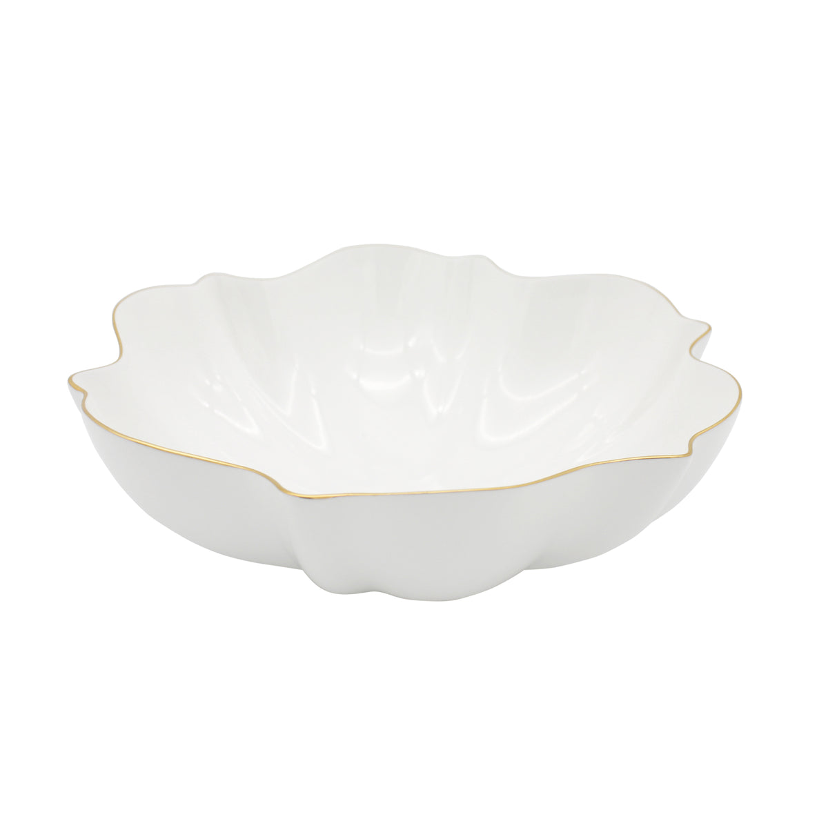 Front view of Amelie Brushed Gold Serving Bowl showcasing scalloped edges and hand-painted 24K gold rim with white background