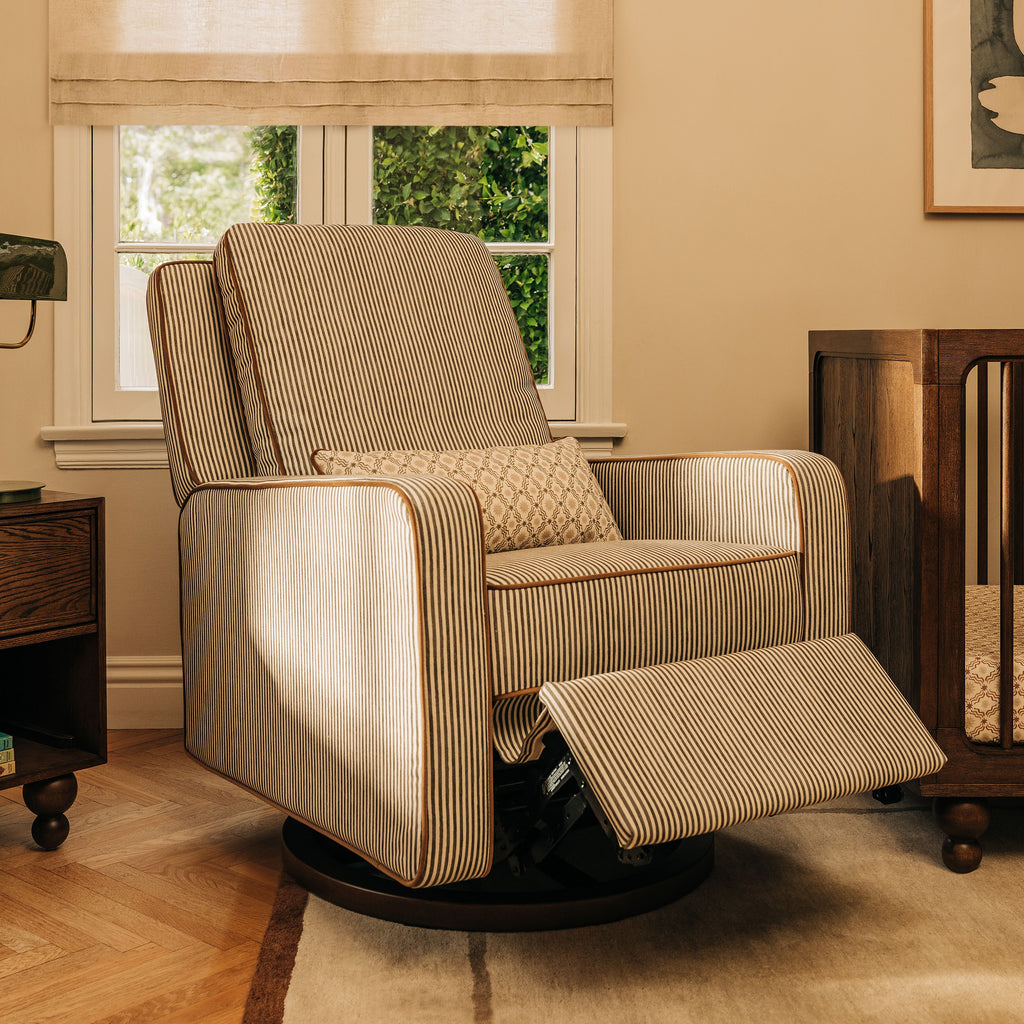 Sigi Electronic Recliner and Glider with USB Port by Nate Berkus in Performance Olive Stripe Eco-Crossweave with Toffee Base