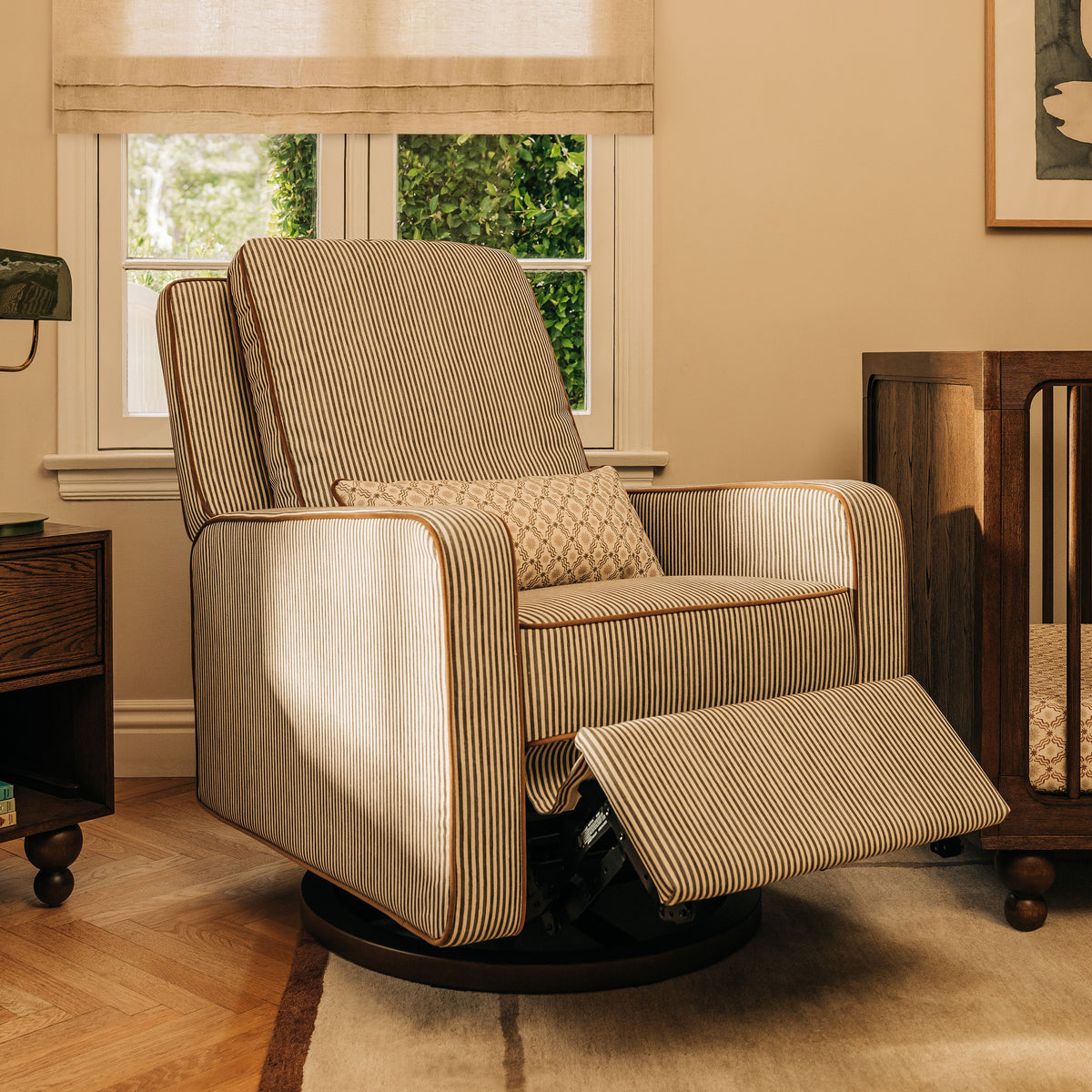 Sigi Electronic Recliner and Glider with USB Port by Nate Berkus in Performance Olive Stripe Eco-Crossweave with Toffee Base
