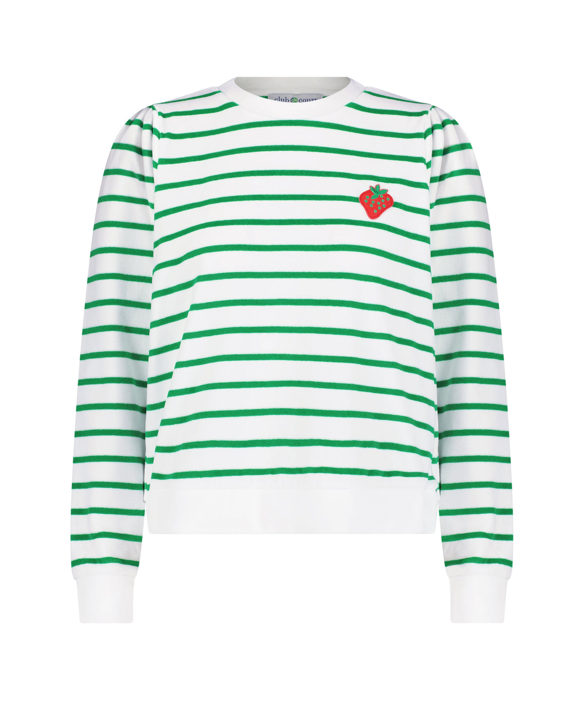 Front view of Poppy Top in Kelly Green Stripe showcasing green stripes, slight puff sleeves, and strawberry logo on white background