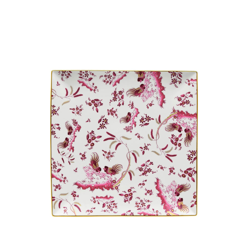 Top view of Oro Di Doccia large vide-poche squared plate showcasing pink rooster and floral pattern on white background