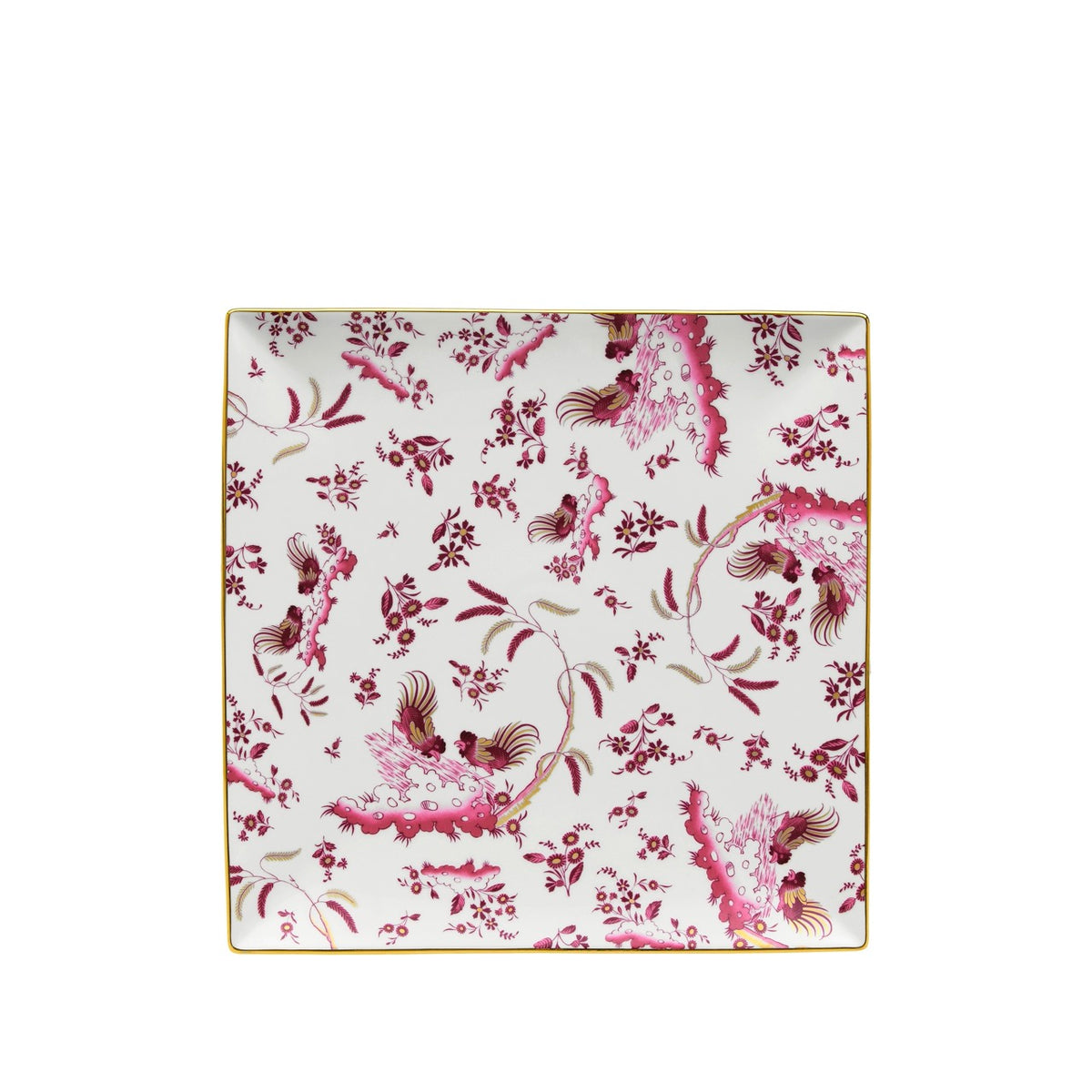 Top view of Oro Di Doccia large vide-poche squared plate showcasing pink rooster and floral pattern on white background