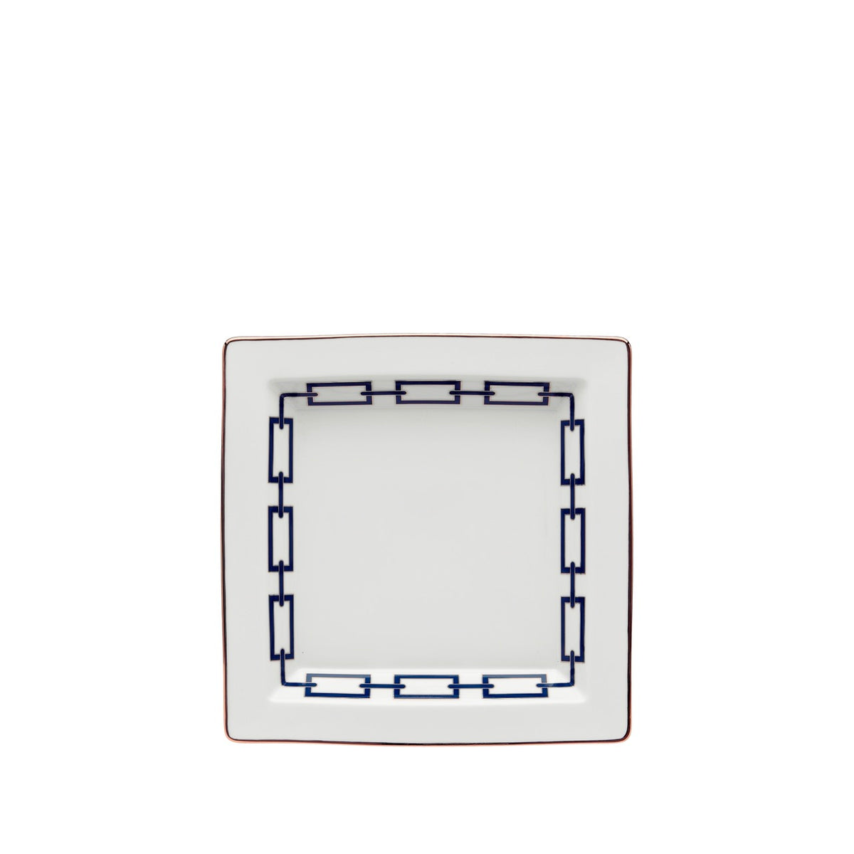 Top view of Catene Vide Poche porcelain dish with navy chain-link border and thin gold rim on white background
