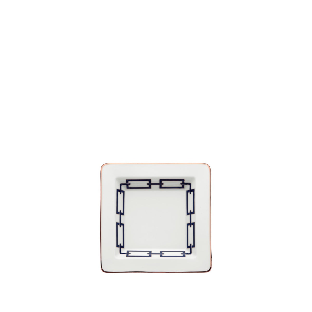 Top-down view of Catene Low Squared Cup showing navy chain pattern and gold rim on white porcelain background