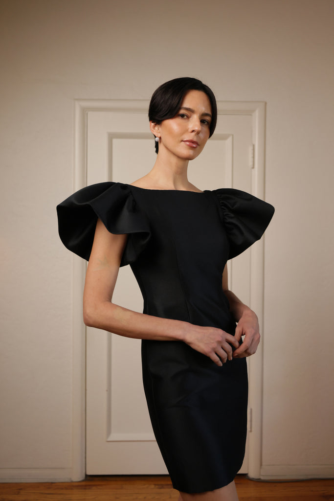 Large Ruffle Sleeve Short Dress in Black