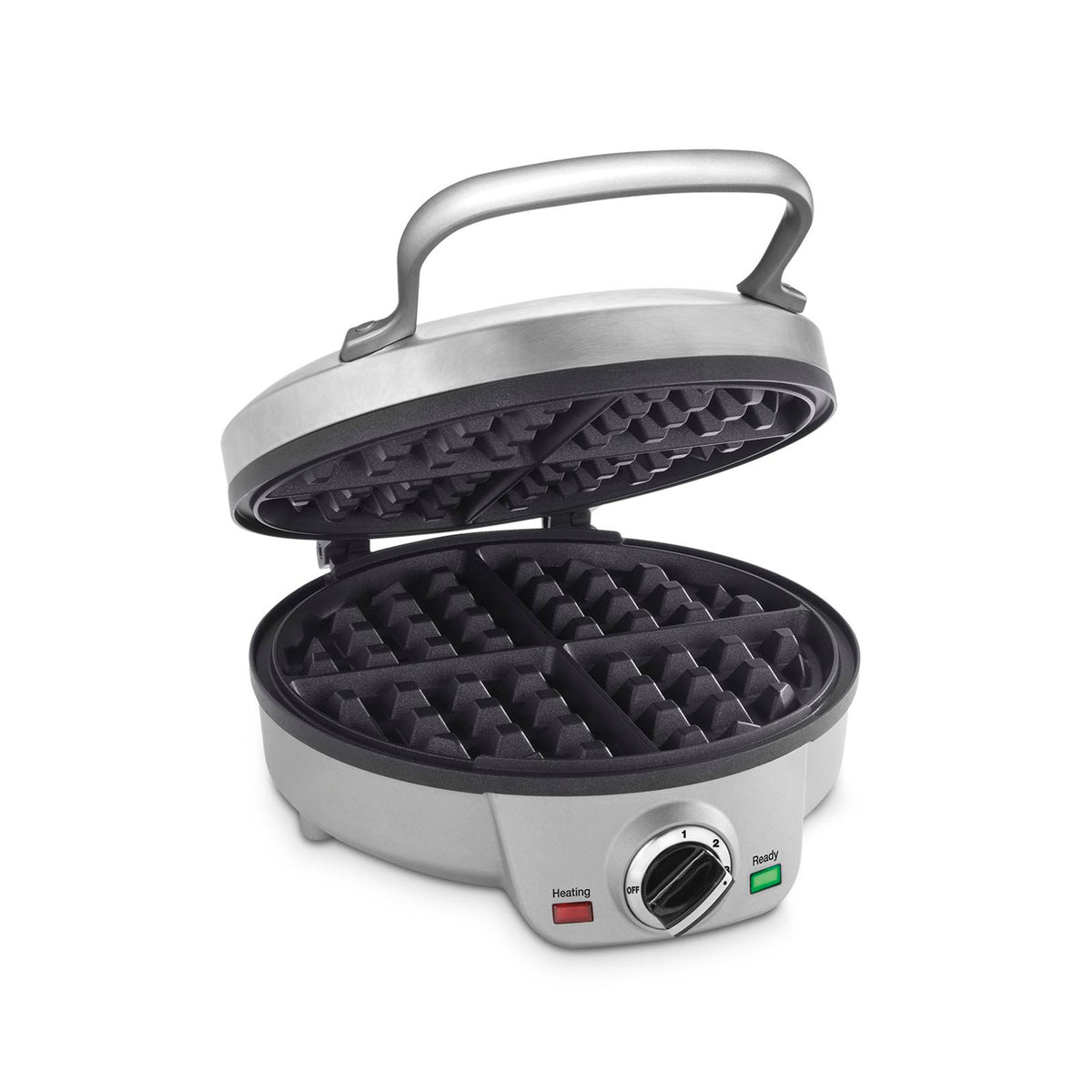 Angled view of round 4-slice Belgian waffle maker with open lid, nonstick plates, dial and lights on white background