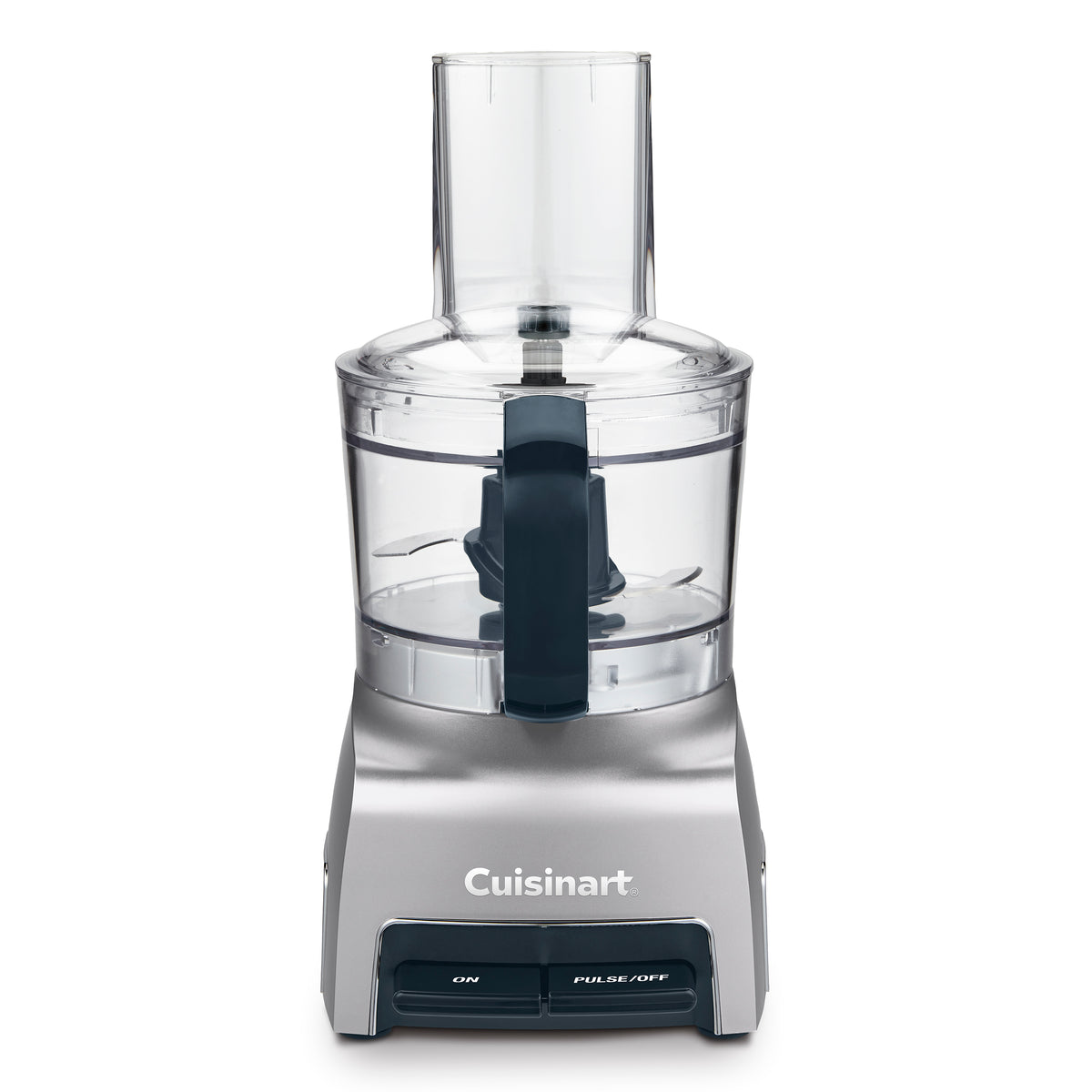 Front view of Cuisinart 5-cup food processor showcasing clear work bowl, feed tube, and control buttons on white background