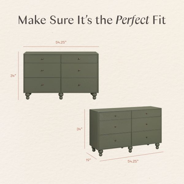 Astre six-drawer dresser perfect fit guide: 54.25 inches wide, 34 inches high, and 19 inches deep