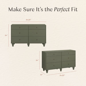 Astre six-drawer dresser perfect fit guide: 54.25 inches wide, 34 inches high, and 19 inches deep