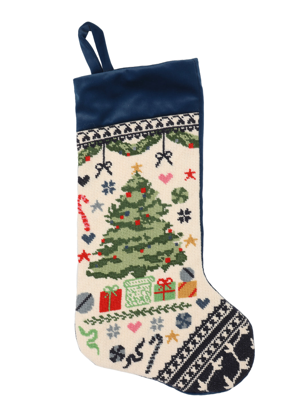 Velvet Cuff Christmas Tree Stocking in Navy