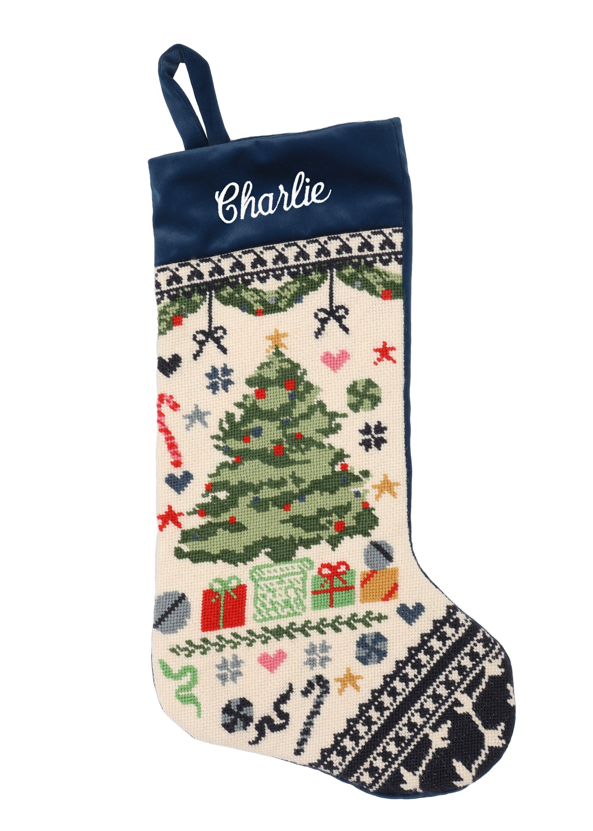 Velvet Cuff Christmas Tree Stocking in Navy