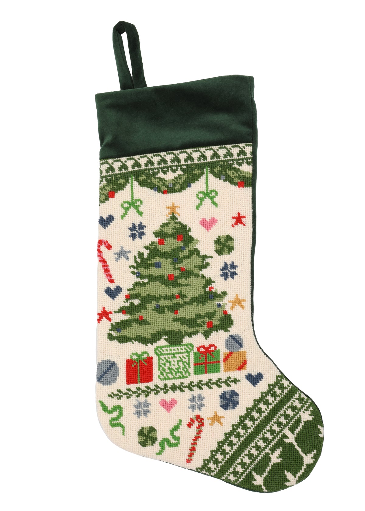Velvet Cuff Christmas Tree Stocking in Forest Green
