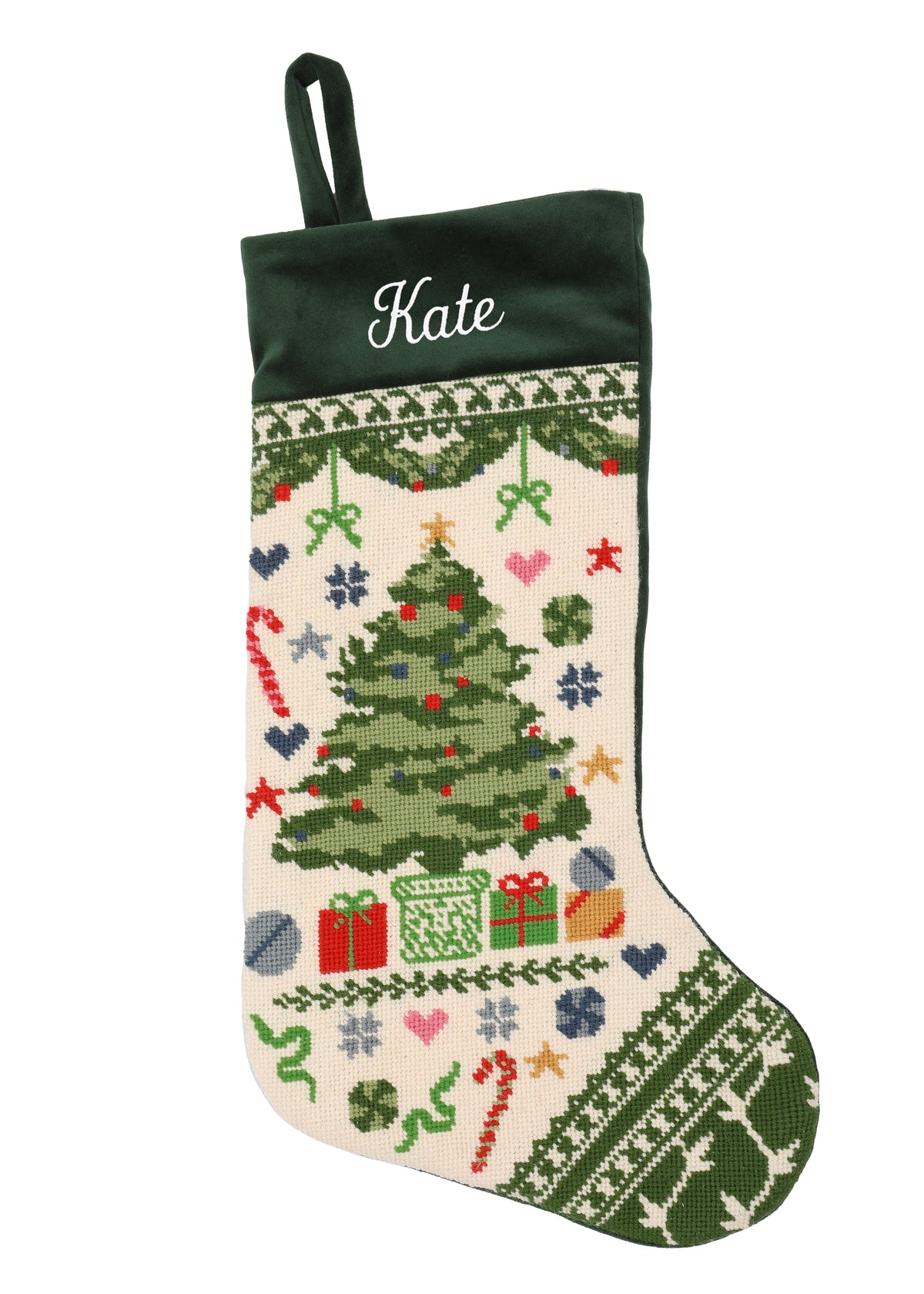 Velvet Cuff Christmas Tree Stocking in Forest Green